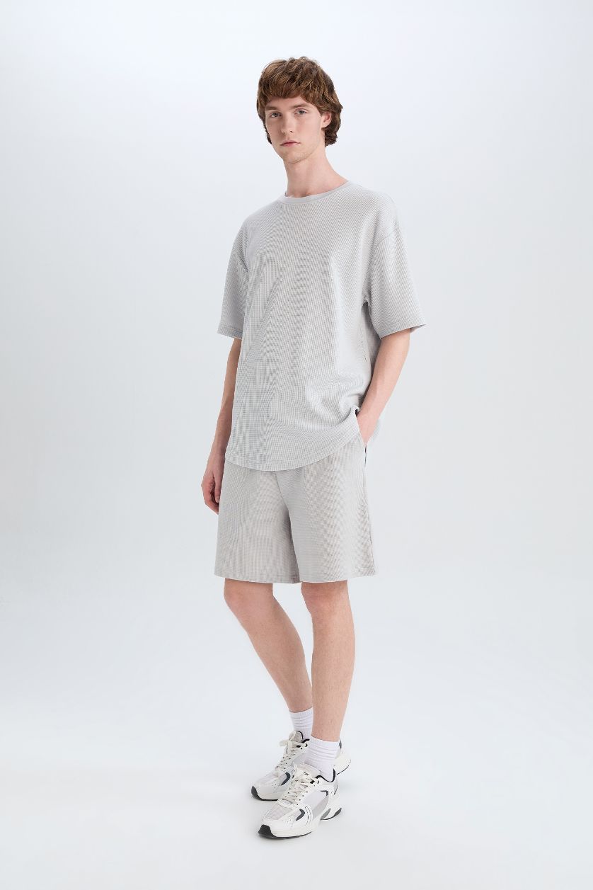 Erkek Açık Gri Boxy Fit Bisiklet Yaka Kısa Kollu Basic Düz Waffle Tişört