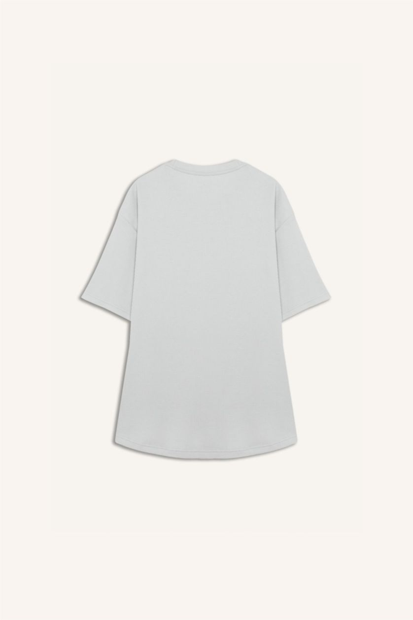 Erkek Açık Gri Boxy Fit Bisiklet Yaka Kısa Kollu Basic Düz Waffle Tişört