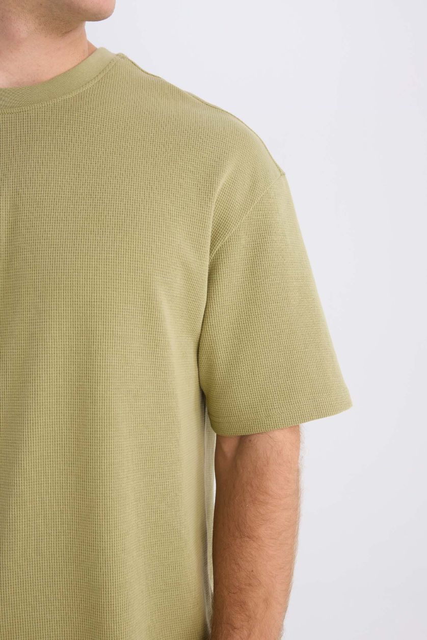Erkek Açık Haki Boxy Fit Bisiklet Yaka Kısa Kollu Basic Düz Waffle Tişört