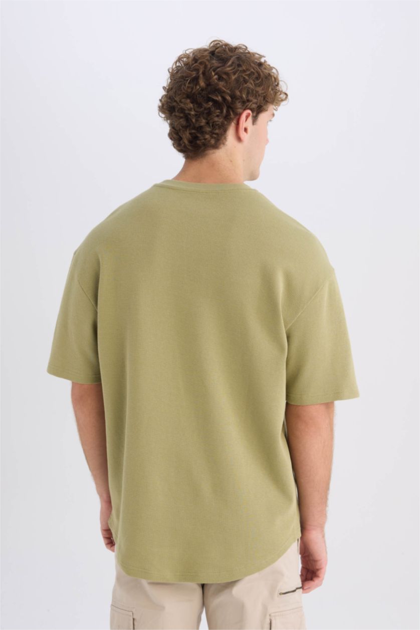 Erkek Açık Haki Boxy Fit Bisiklet Yaka Kısa Kollu Basic Düz Waffle Tişört