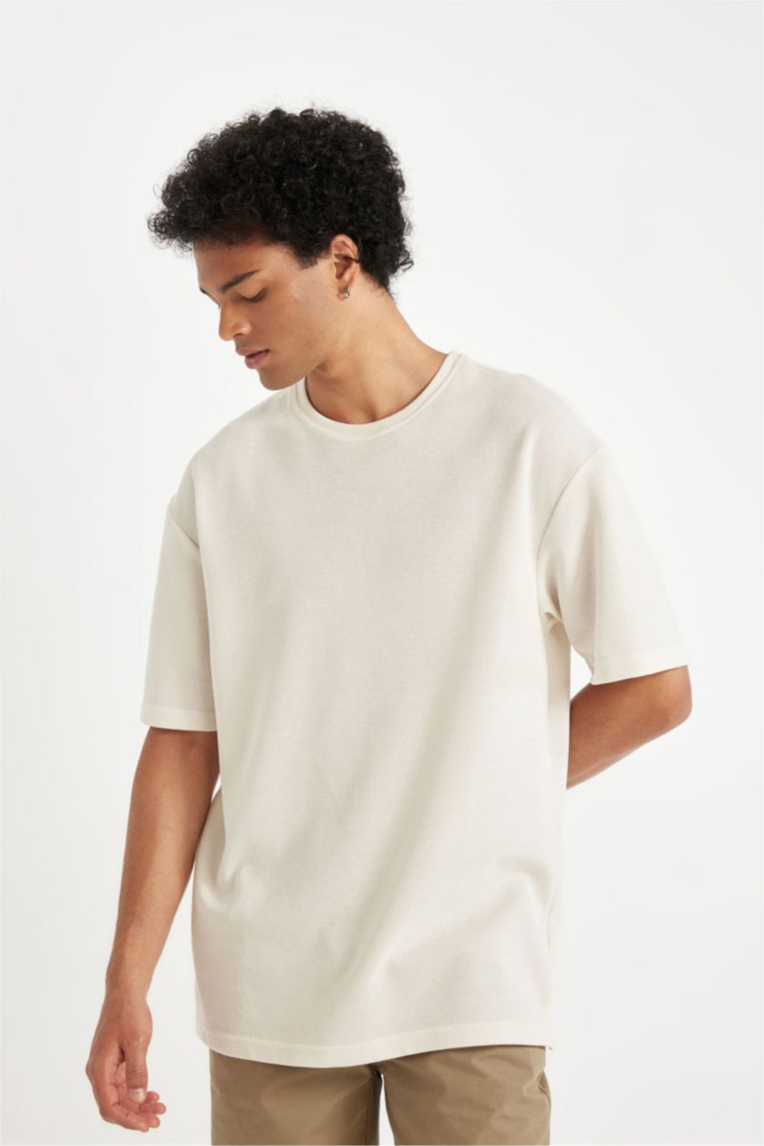 Erkek Kum Comfort Regular Fit Rahat Kesim Bisiklet Yaka Kısa Kollu Ağır Kumaş Basic Düz Tişört