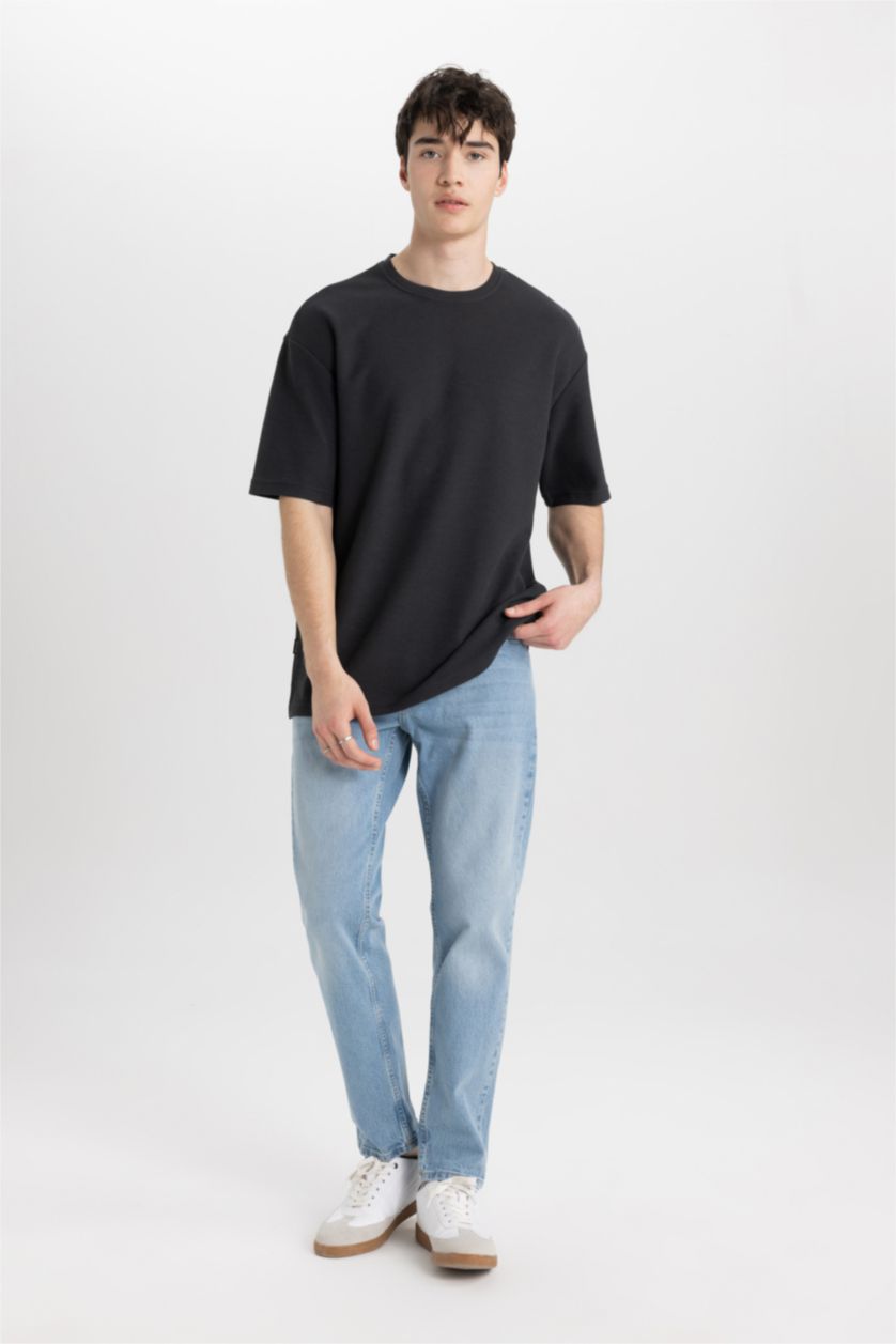 Erkek Antrasit Comfort Regular Fit Rahat Kesim Bisiklet Yaka Kısa Kollu Ağır Kumaş Basic Düz Tişört