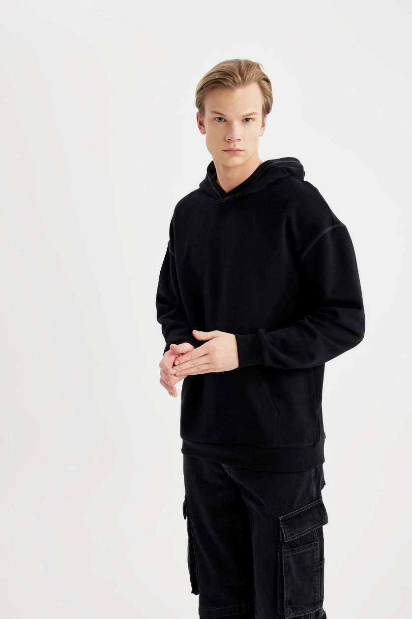 رجالي أسود سويت شيرت بيزك قصة مريحة بكابيشون بجيب