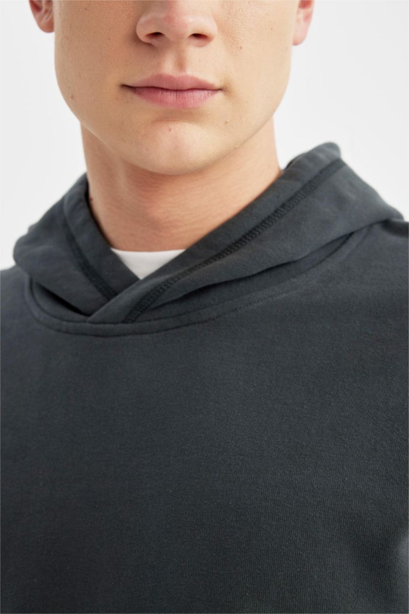 Erkek Koyu Yeşil Comfort Regular Fit Rahat Kalıp Kapüşonlu Kanguru Cepli Basic Düz Sweatshirt