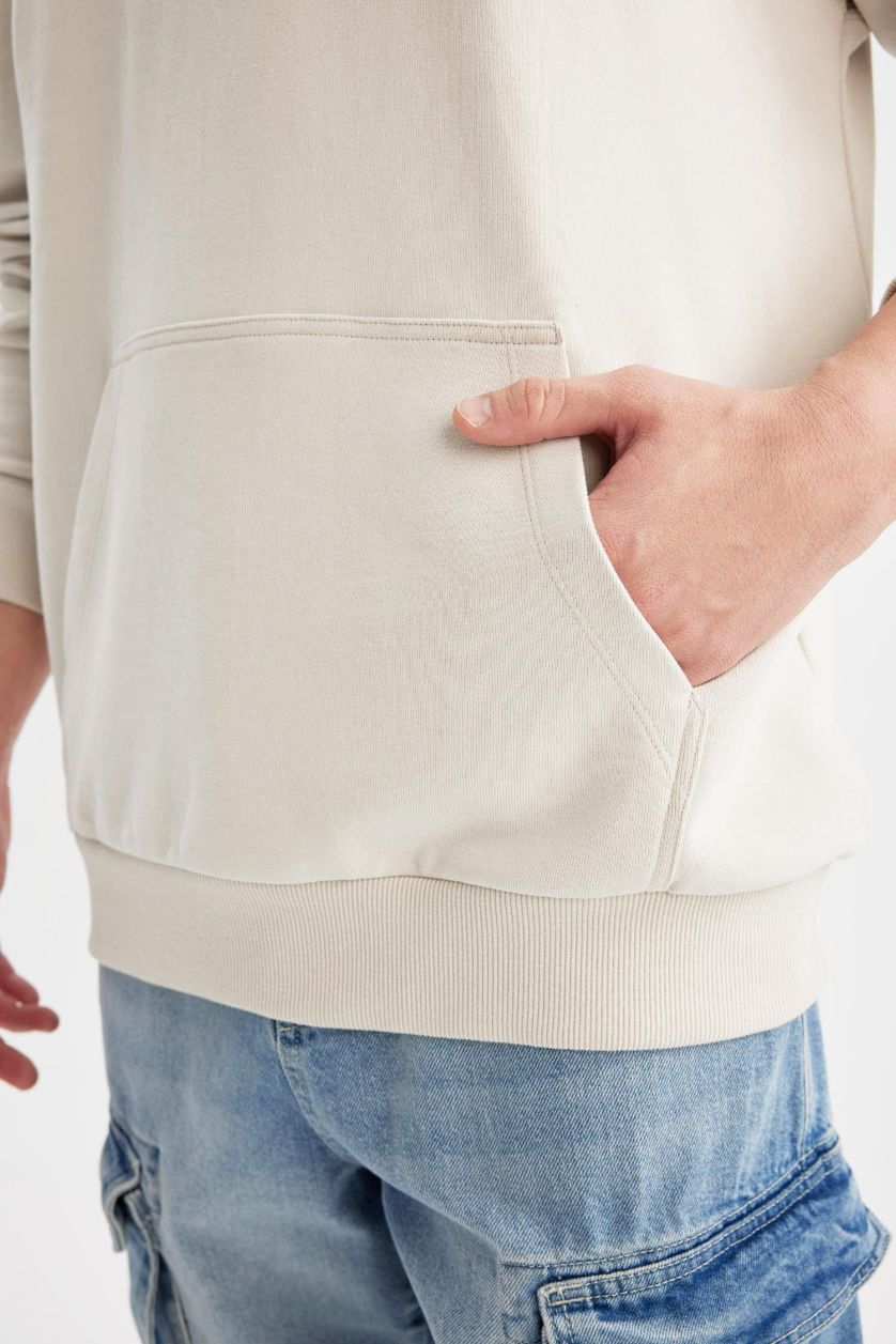 Erkek Taş Comfort Regular Fit Rahat Kalıp Kapüşonlu Kanguru Cepli Basic Düz Sweatshirt