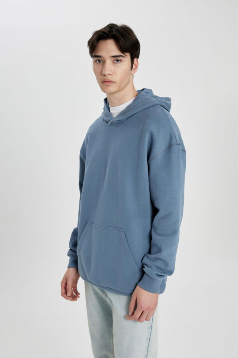 Erkek Açık İndigo Comfort Regular Fit Rahat Kalıp Kapüşonlu Kanguru Cepli Basic Düz Sweatshirt