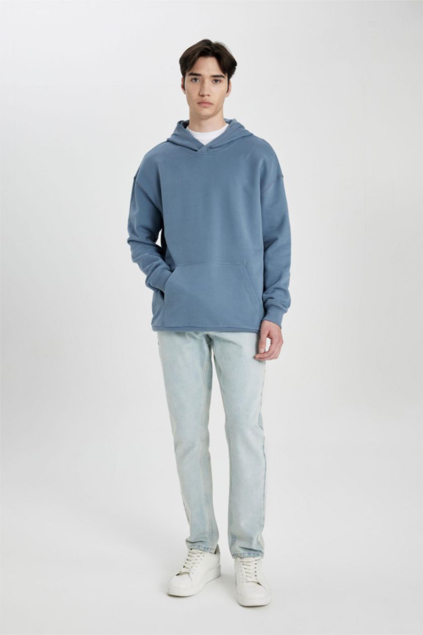 Erkek Açık İndigo Comfort Regular Fit Rahat Kalıp Kapüşonlu Kanguru Cepli Basic Düz Sweatshirt