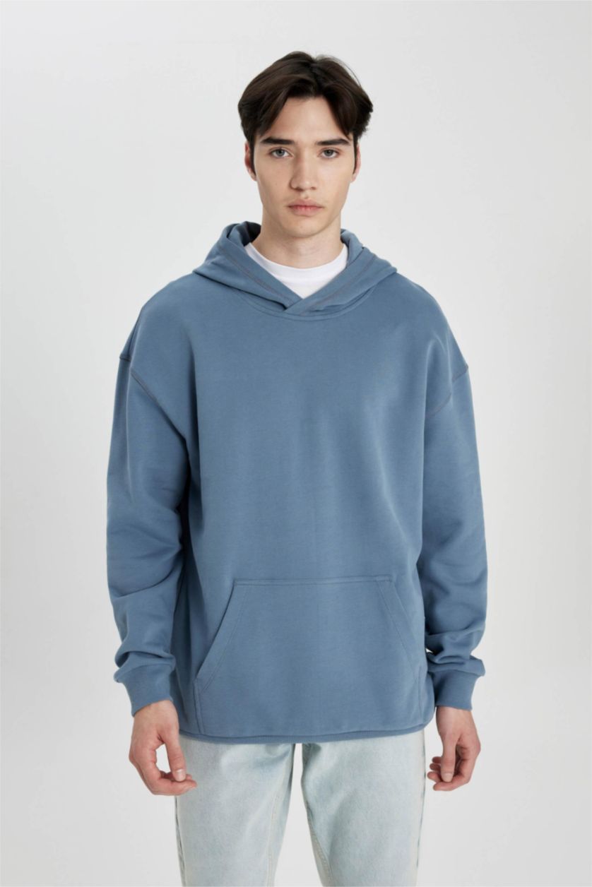 Erkek Açık İndigo Comfort Regular Fit Rahat Kalıp Kapüşonlu Kanguru Cepli Basic Düz Sweatshirt