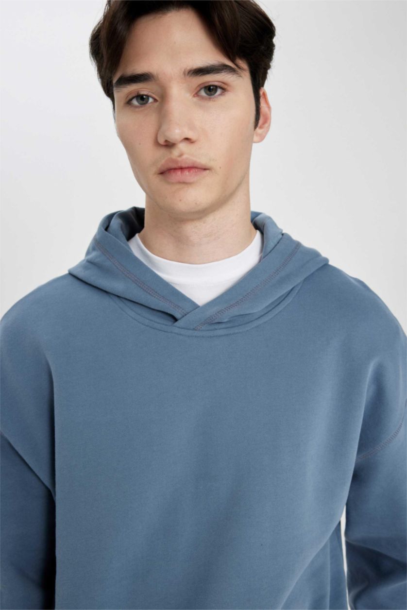 Erkek Açık İndigo Comfort Regular Fit Rahat Kalıp Kapüşonlu Kanguru Cepli Basic Düz Sweatshirt