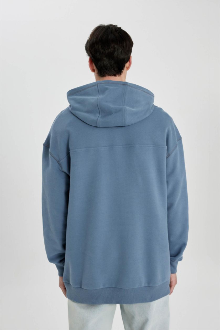 Erkek Açık İndigo Comfort Regular Fit Rahat Kalıp Kapüşonlu Kanguru Cepli Basic Düz Sweatshirt