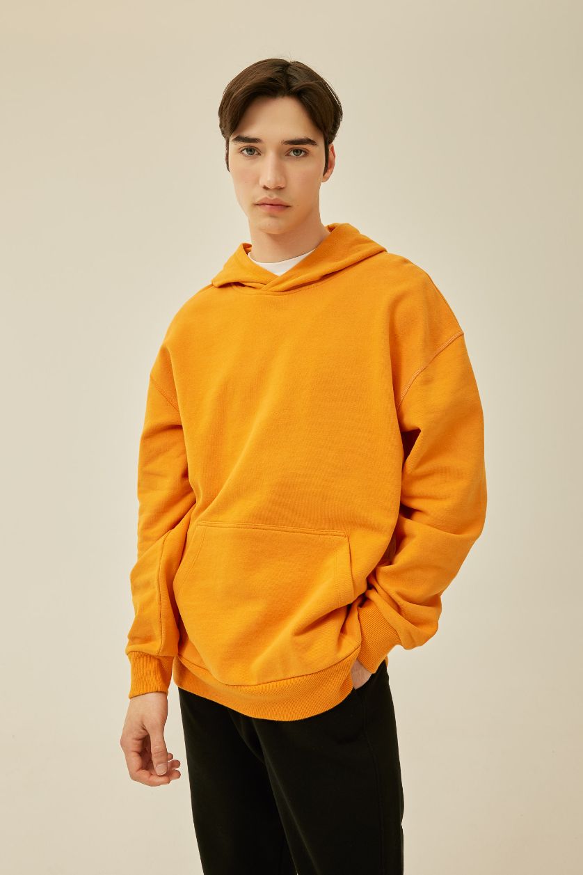 Erkek Turuncu %100 Pamuk Comfort Regular Fit Rahat Kalıp Kapüşonlu Kanguru Cepli Basic Düz Sweatshirt