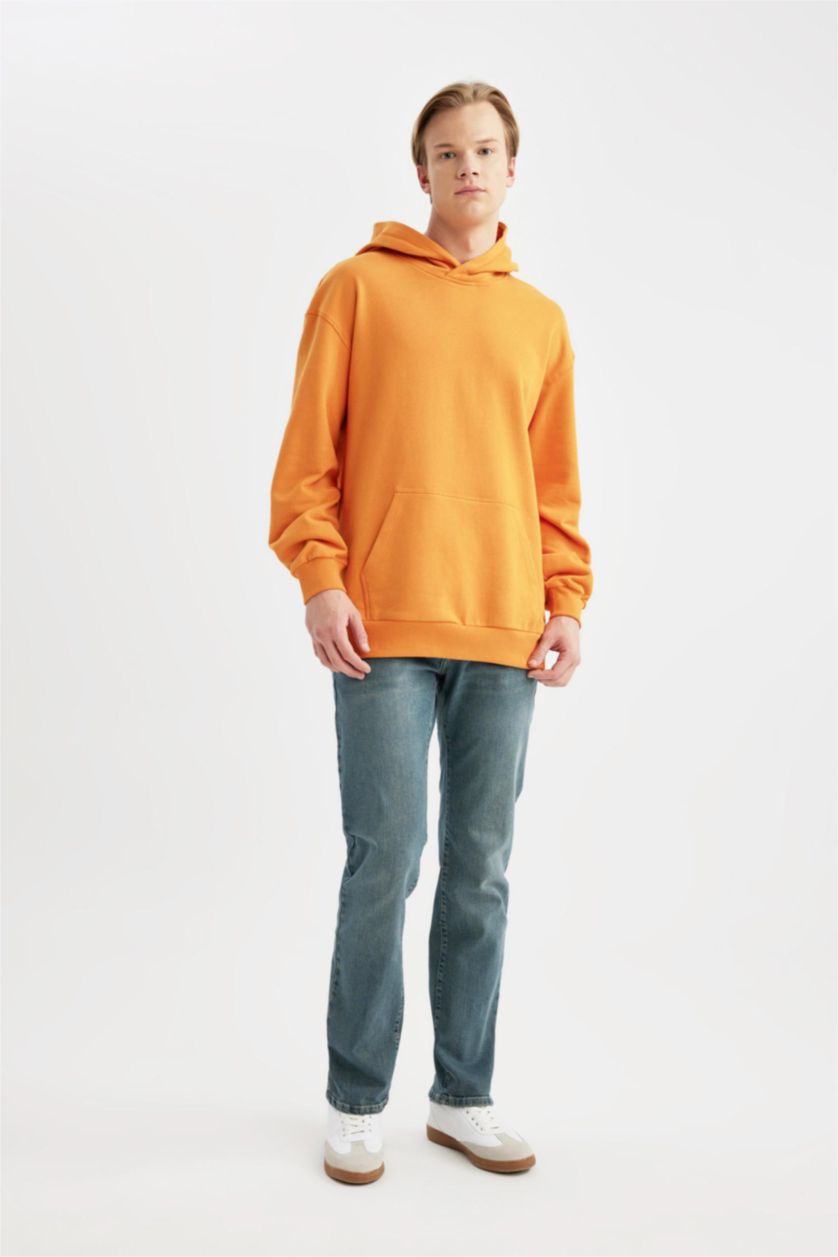 Erkek Turuncu %100 Pamuk Comfort Regular Fit Rahat Kalıp Kapüşonlu Kanguru Cepli Basic Düz Sweatshirt