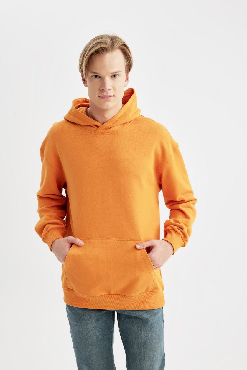 Erkek Turuncu %100 Pamuk Comfort Regular Fit Rahat Kalıp Kapüşonlu Kanguru Cepli Basic Düz Sweatshirt