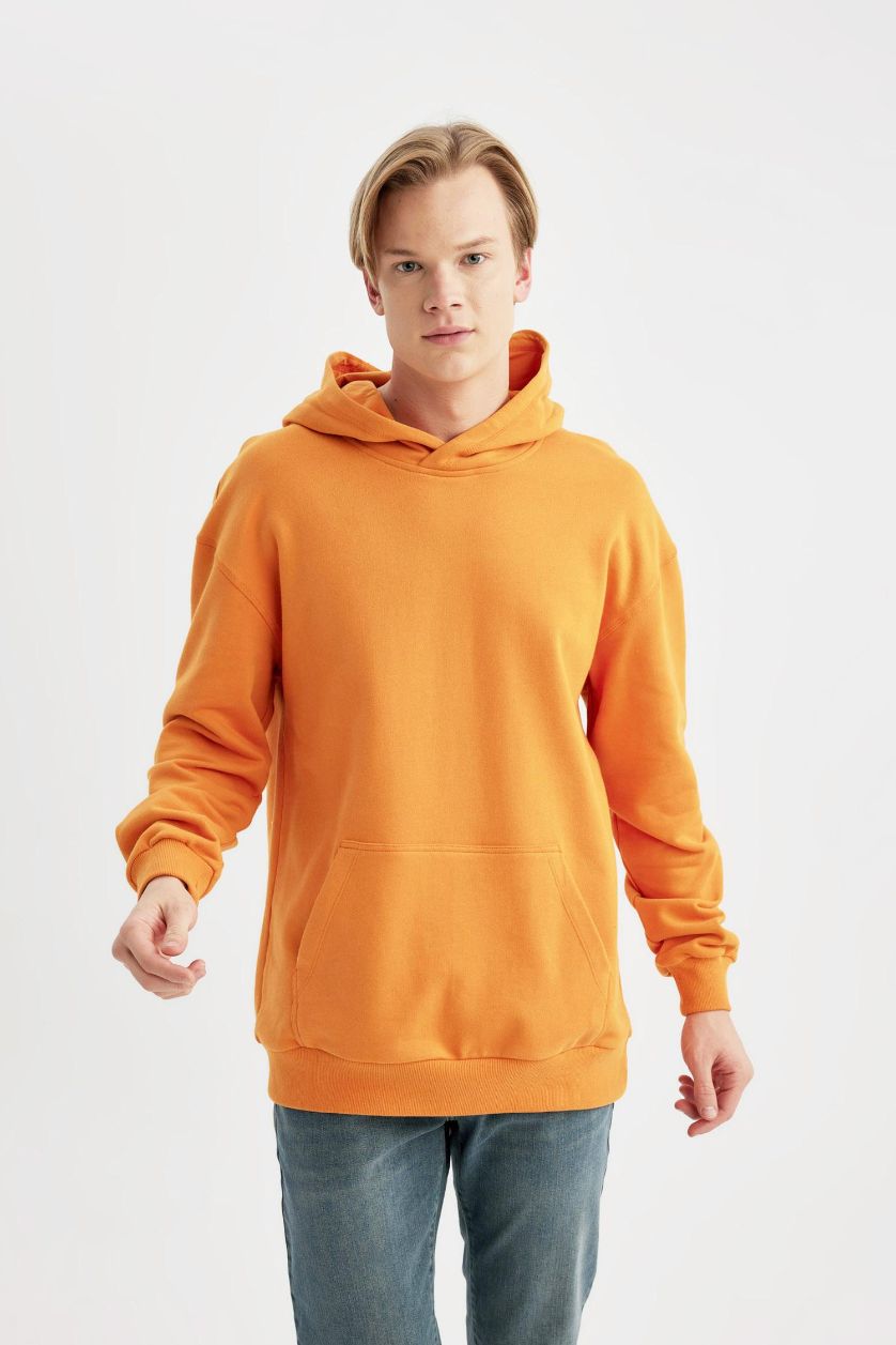 Erkek Turuncu %100 Pamuk Comfort Regular Fit Rahat Kalıp Kapüşonlu Kanguru Cepli Basic Düz Sweatshirt