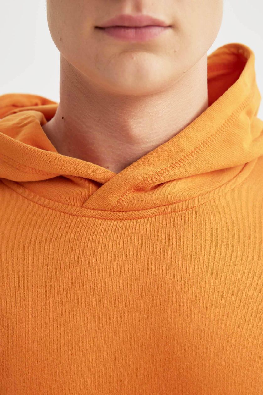 Erkek Turuncu %100 Pamuk Comfort Regular Fit Rahat Kalıp Kapüşonlu Kanguru Cepli Basic Düz Sweatshirt