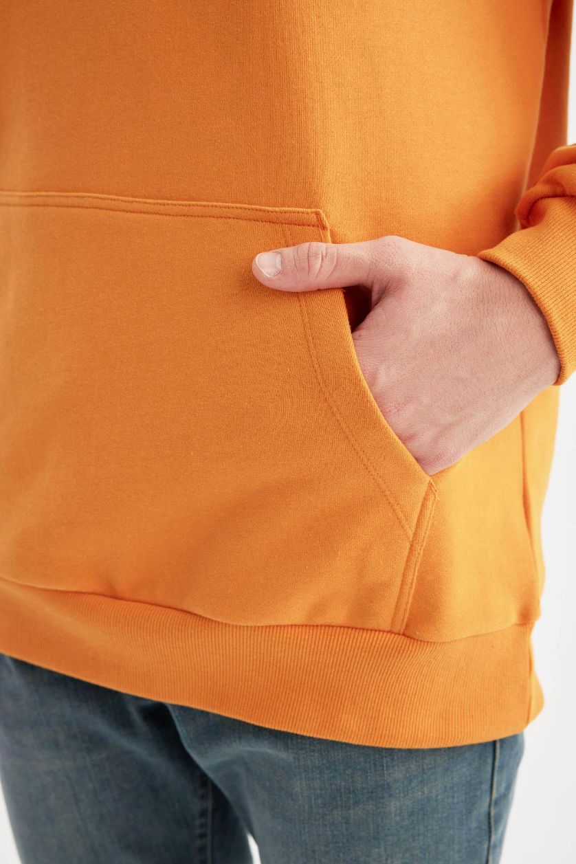 Erkek Turuncu %100 Pamuk Comfort Regular Fit Rahat Kalıp Kapüşonlu Kanguru Cepli Basic Düz Sweatshirt