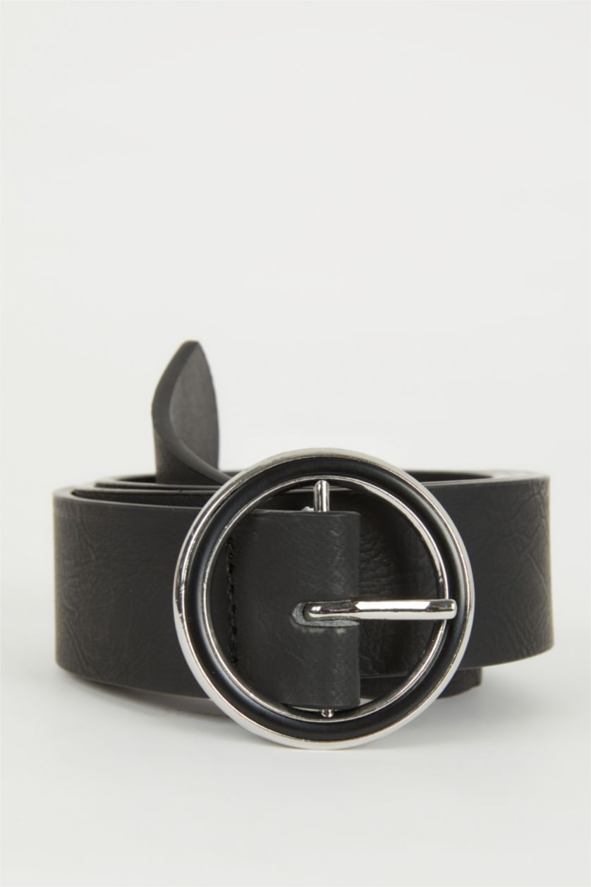 WOMAN Black Woman Oval Buckle Faux Leather Jean Belt