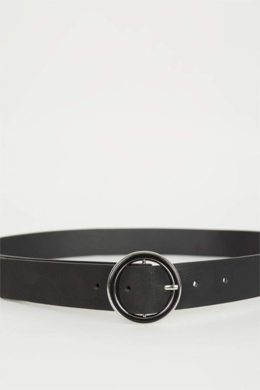 WOMAN Black Woman Oval Buckle Faux Leather Jean Belt