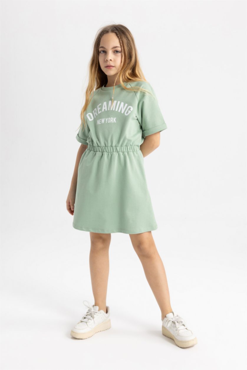 FILLES Vert Clair Robe Pull Imprimé à Manches Courtes pour Fille