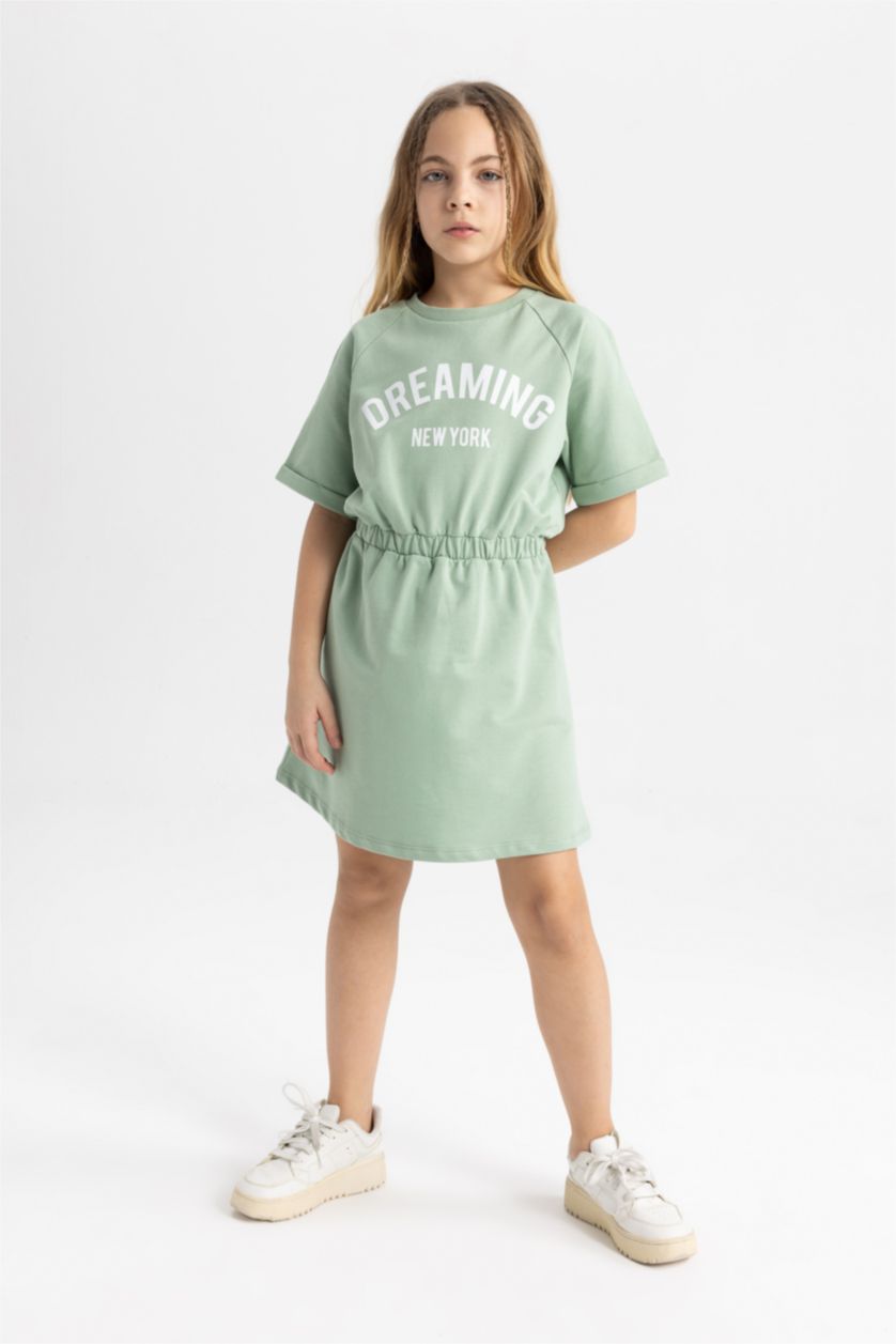 FILLES Vert Clair Robe Pull Imprimé à Manches Courtes pour Fille