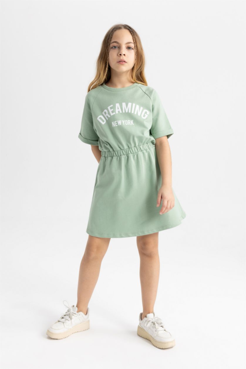 FILLES Vert Clair Robe Pull Imprimé à Manches Courtes pour Fille