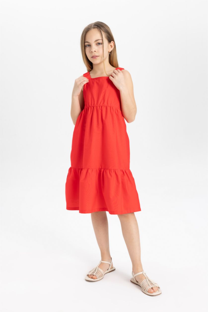 Kız Çocuk - Genç Kız Kırmızı Kız Çocuk Poplin Askılı Elbise