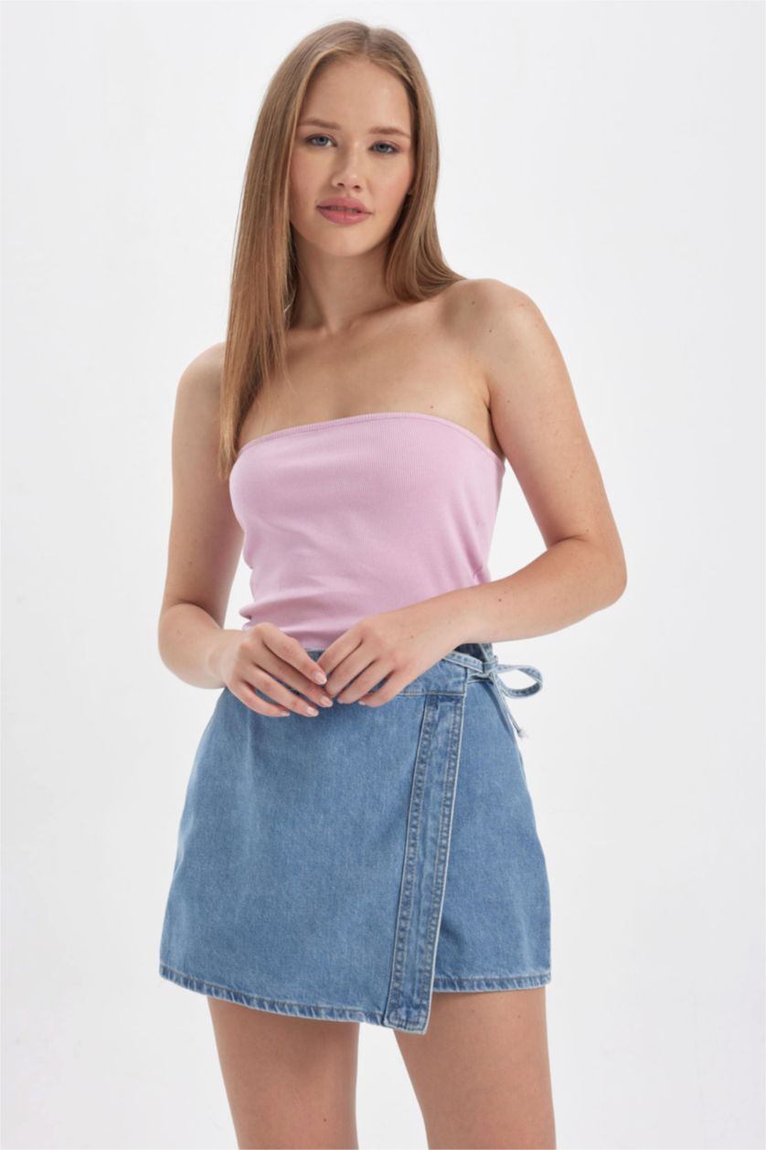 Kadın Pembe Coool Fitted Fitilli Kaşkorse Yıkamalı Soluk Efektli Straplez Atlet