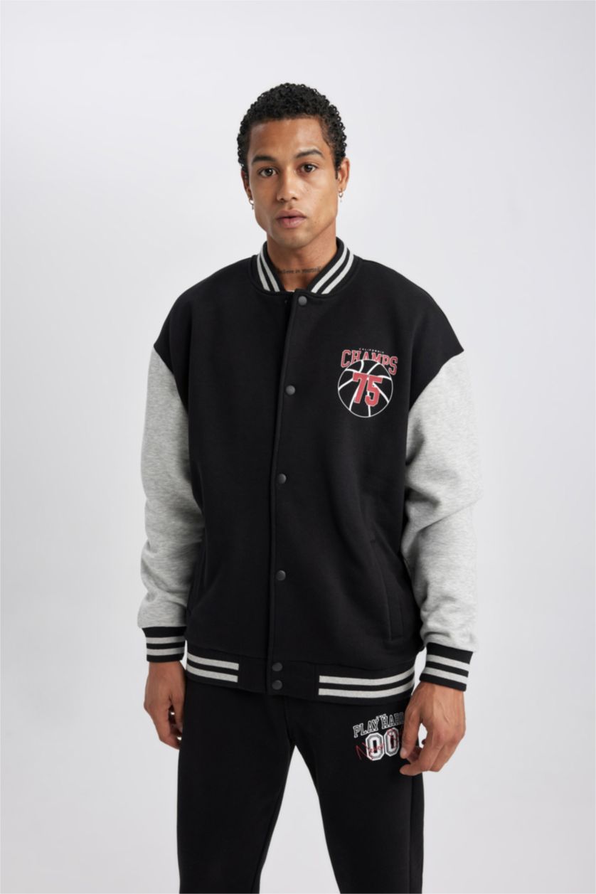 رجال أسود جاكيت بومبر قماش سميك اوفر سايز من DeFactoFit