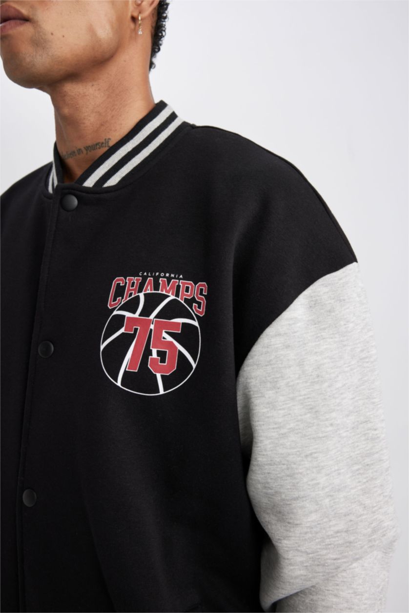 رجال أسود جاكيت بومبر قماش سميك اوفر سايز من DeFactoFit