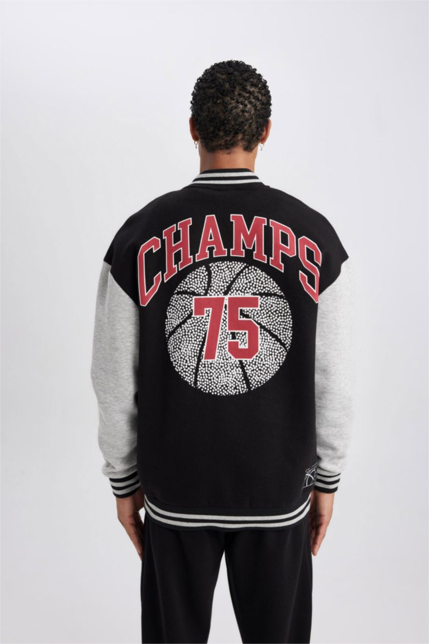 رجال أسود جاكيت بومبر قماش سميك اوفر سايز من DeFactoFit