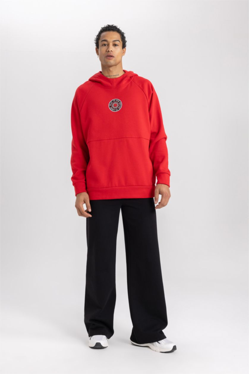 Man Red DeFactoFit Oversize Fit Printed Hooded Thick Sweatshirt