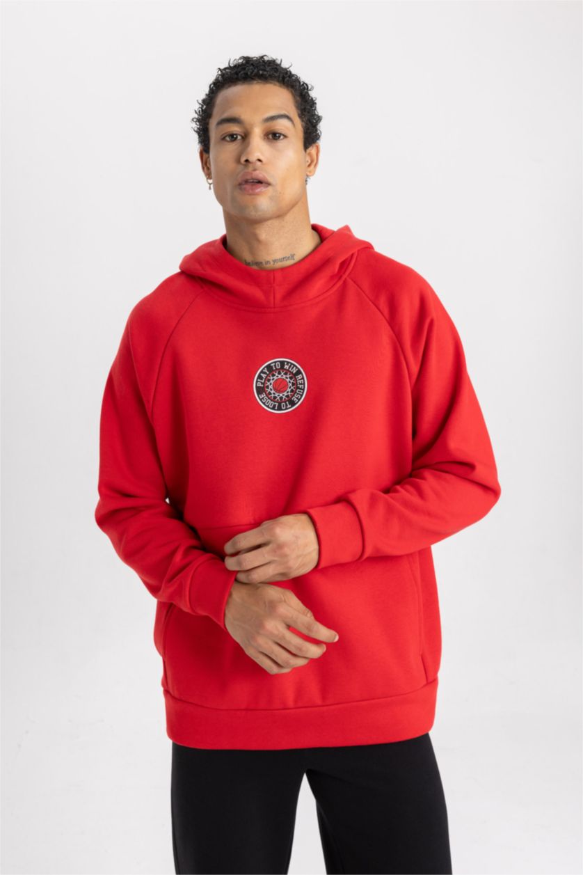 Man Red DeFactoFit Oversize Fit Printed Hooded Thick Sweatshirt