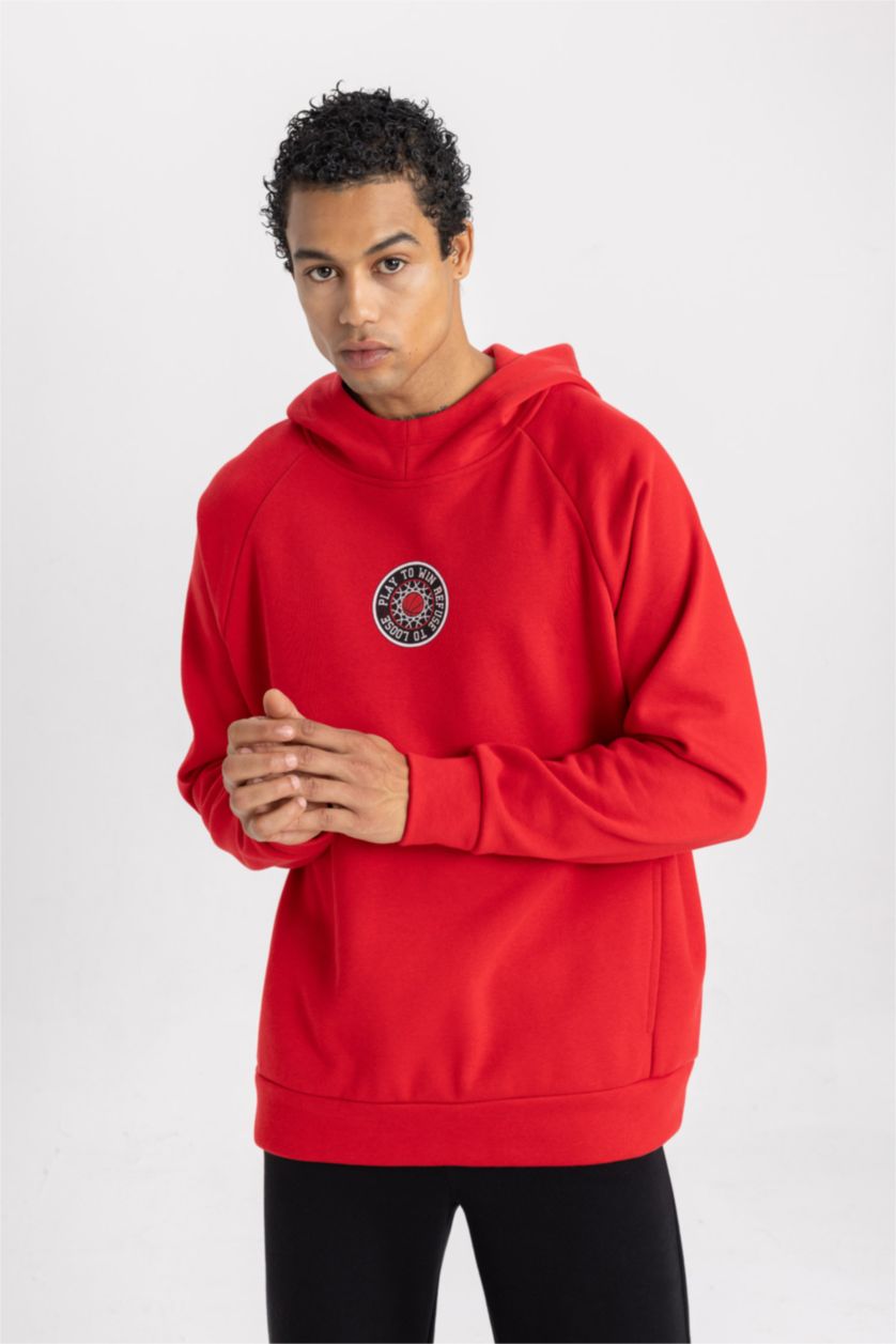 Man Red DeFactoFit Oversize Fit Printed Hooded Thick Sweatshirt