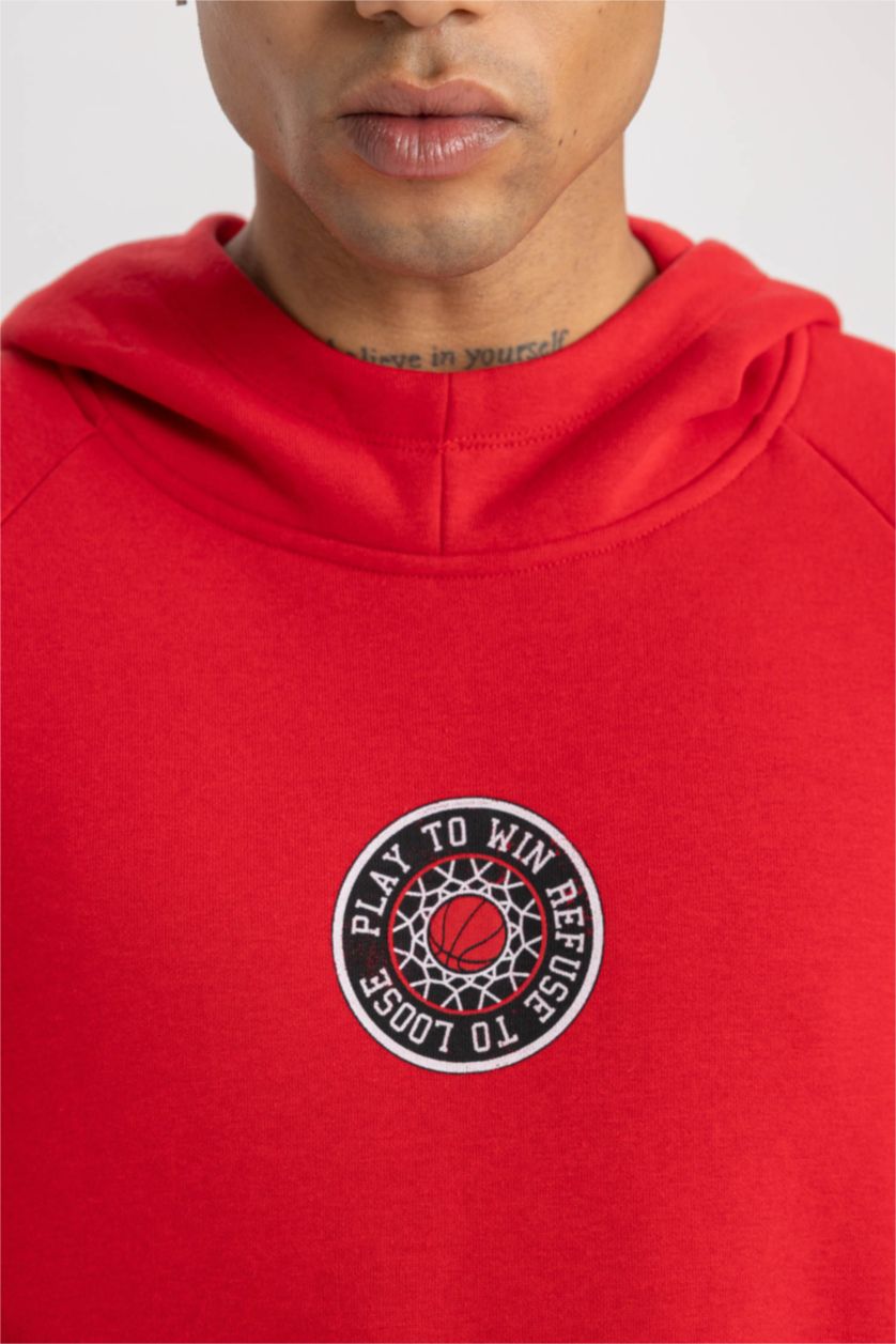 Man Red DeFactoFit Oversize Fit Printed Hooded Thick Sweatshirt