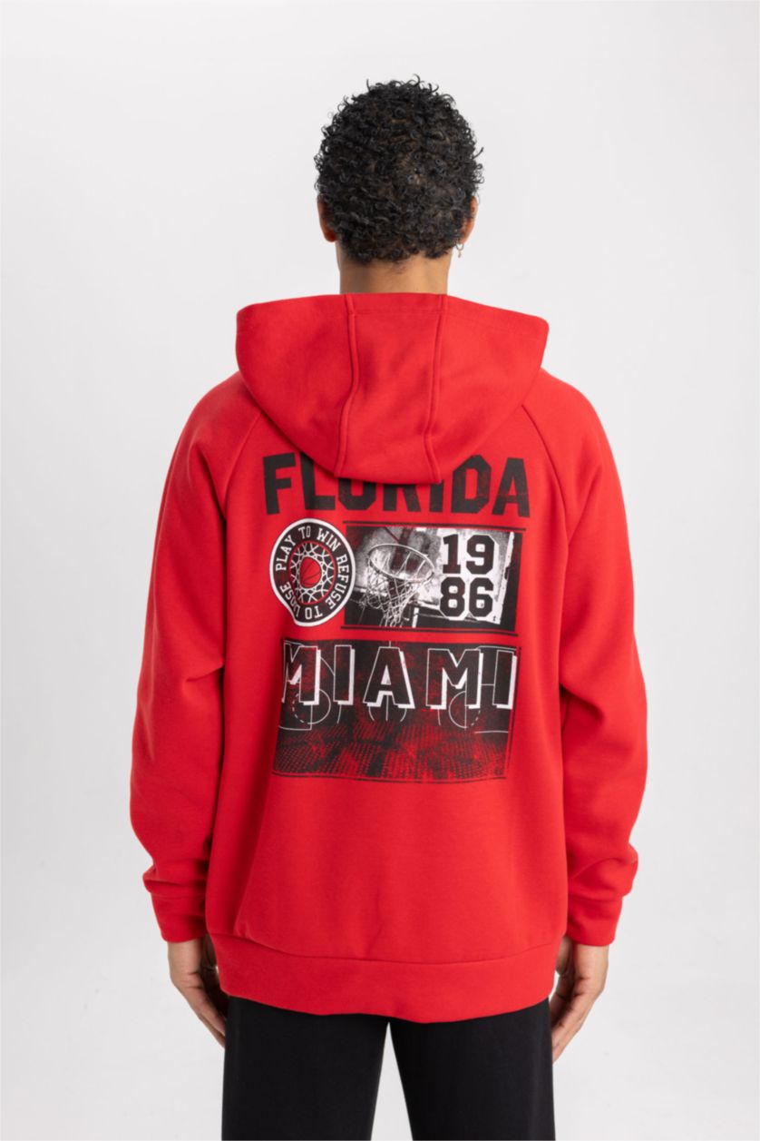 Man Red DeFactoFit Oversize Fit Printed Hooded Thick Sweatshirt