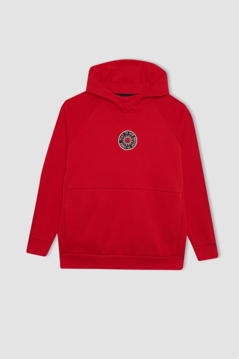 Man Red DeFactoFit Oversize Fit Printed Hooded Thick Sweatshirt