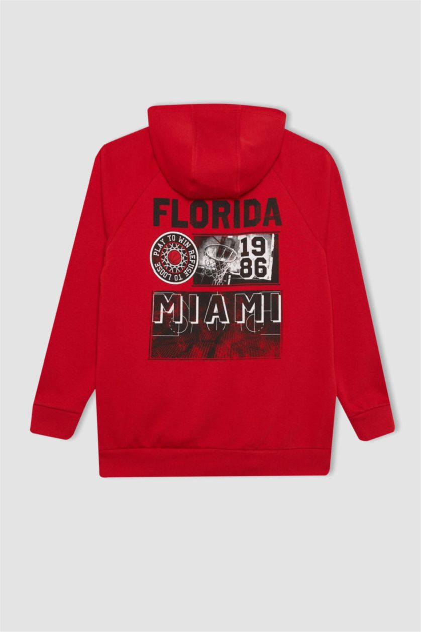 Man Red DeFactoFit Oversize Fit Printed Hooded Thick Sweatshirt