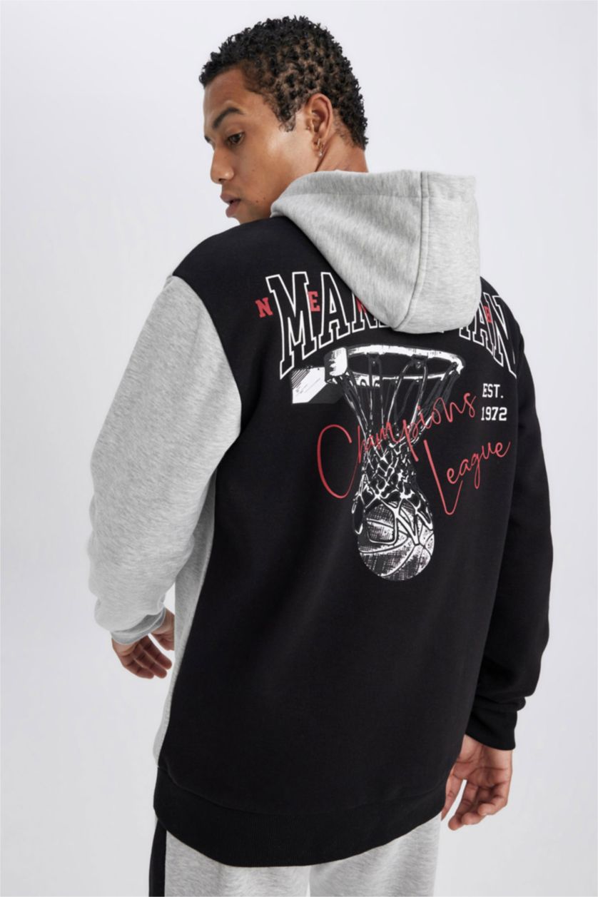 Man Grey Melange DeFactoFit Standard Fit Printed Hooded Thick Sweatshirt