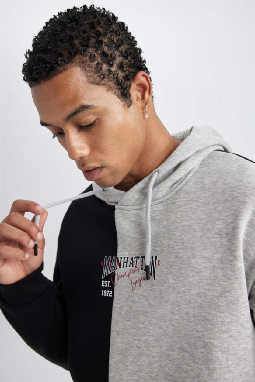 Man Grey Melange DeFactoFit Standard Fit Printed Hooded Thick Sweatshirt