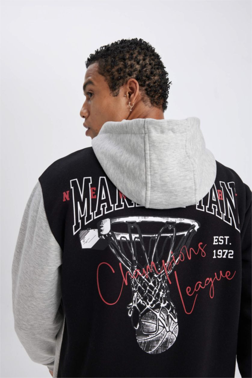 Man Grey Melange DeFactoFit Standard Fit Printed Hooded Thick Sweatshirt