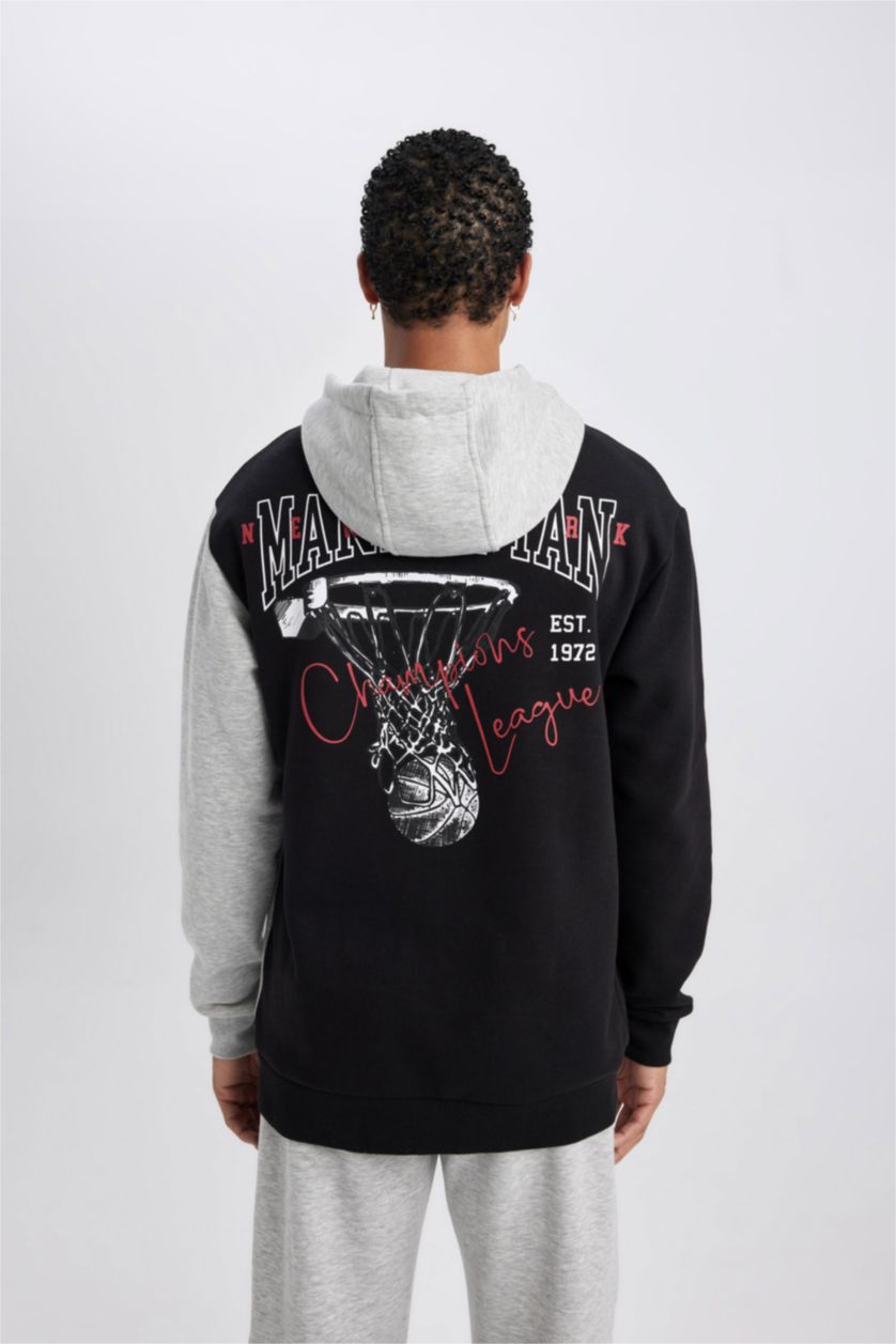 Man Grey Melange DeFactoFit Standard Fit Printed Hooded Thick Sweatshirt