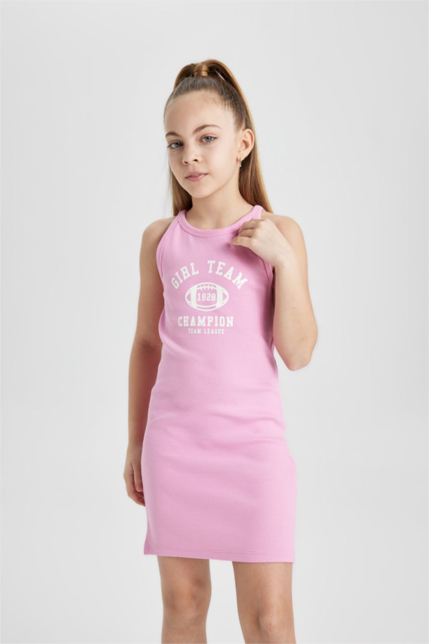 GIRLS & TEENS Pink Girl Printed Ribbed Camisole Dress