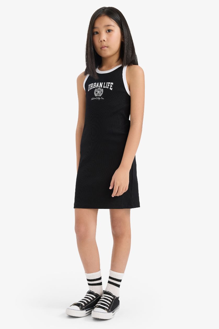 Kız Çocuk - Genç Kız Siyah Baskılı Fitilli Kaşkorse Kolsuz Yazlık Elbise Kız Çocuk