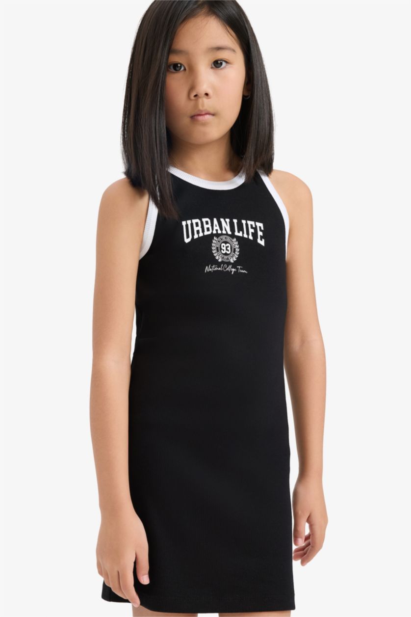 Kız Çocuk - Genç Kız Siyah Baskılı Fitilli Kaşkorse Kolsuz Yazlık Elbise Kız Çocuk