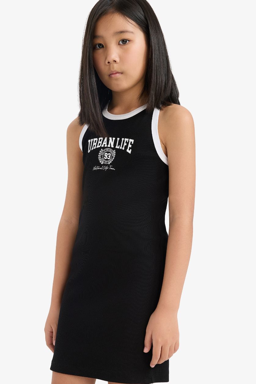 Kız Çocuk - Genç Kız Siyah Baskılı Fitilli Kaşkorse Kolsuz Yazlık Elbise Kız Çocuk