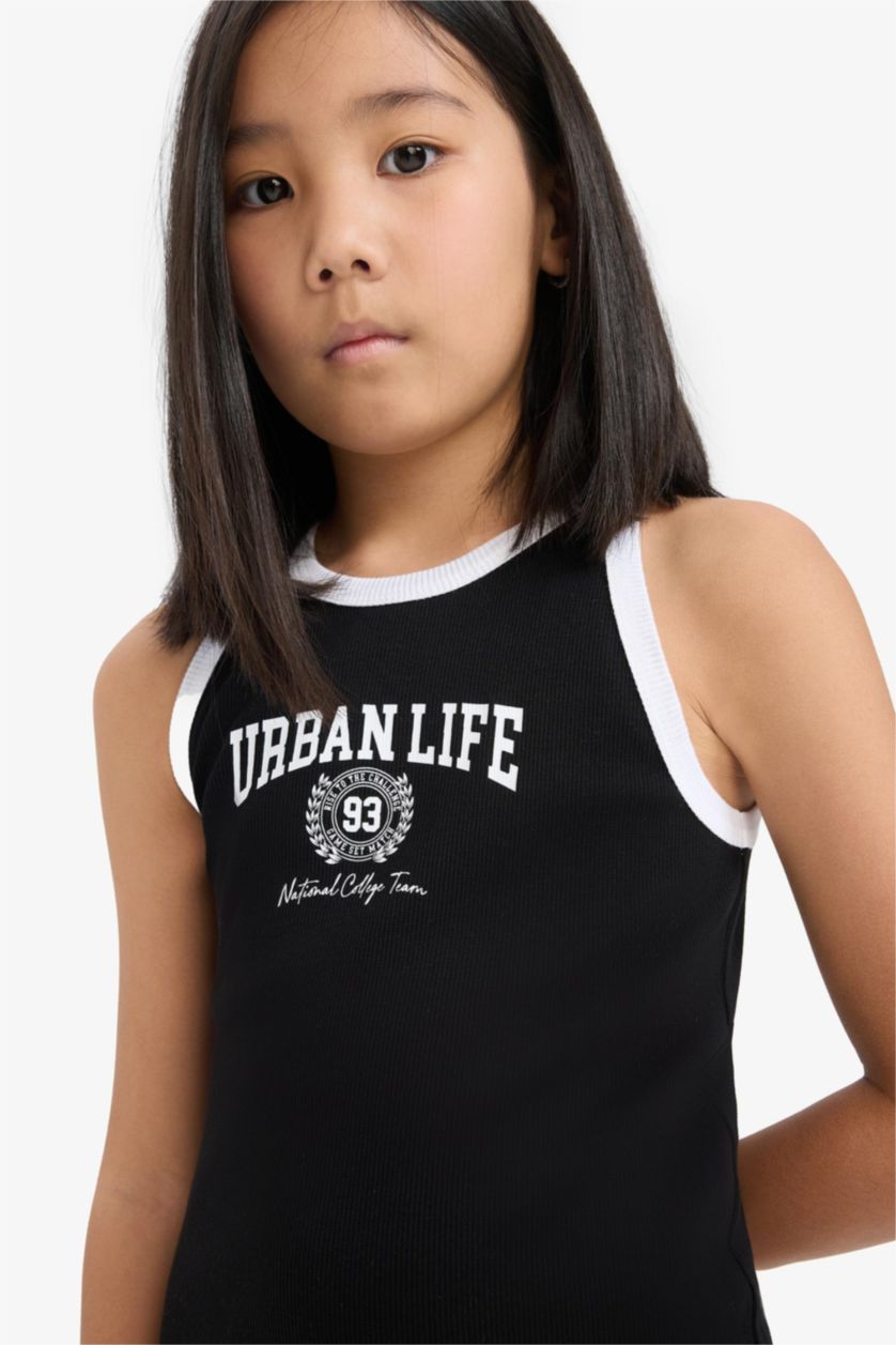 Kız Çocuk - Genç Kız Siyah Baskılı Fitilli Kaşkorse Kolsuz Yazlık Elbise Kız Çocuk