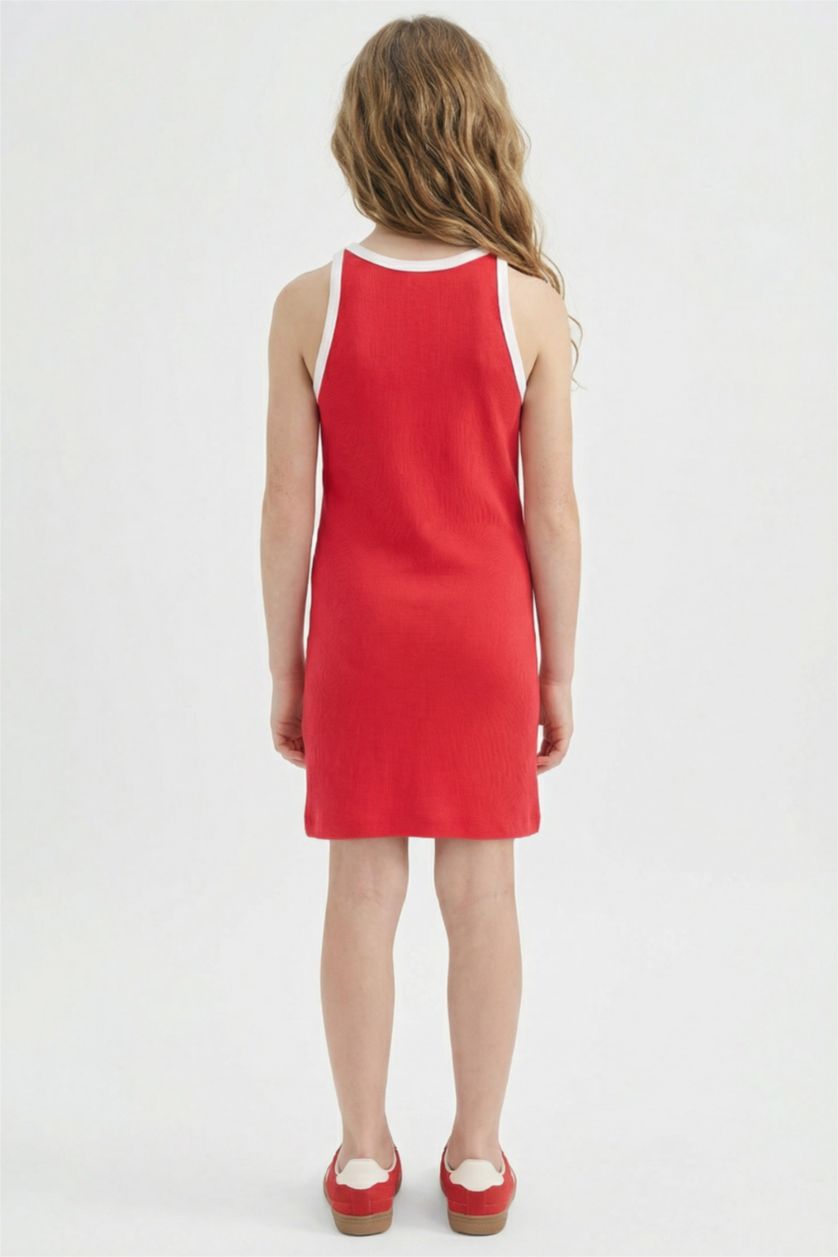 Kız Çocuk - Genç Kız Kırmızı Baskılı Fitilli Kaşkorse Kolsuz Yazlık Elbise Kız Çocuk