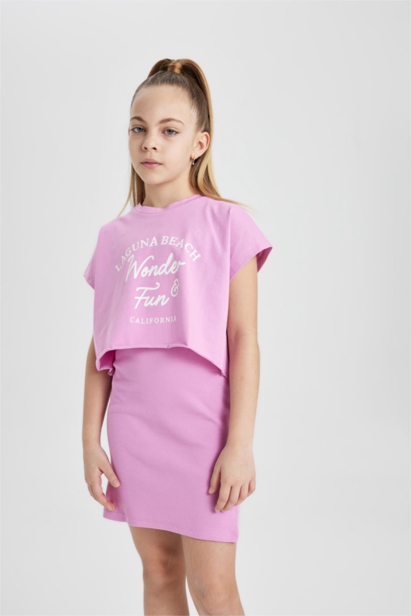 FILLES Rose Robe Jersey Côtelé à Côtes Fines pour Fille