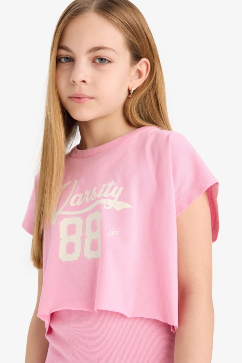 Kız Çocuk - Genç Kız Pembe 2'li Takım Bisiklet Yaka Tişört Fitilli Kaşkorse Elbise Kız Çocuk