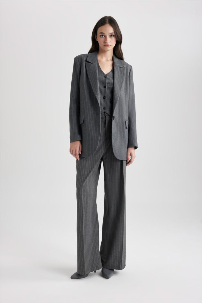 Kadın Koyu Gri Wıde Leg Cepli Yüksek Bel Geniş Paça Pantolon